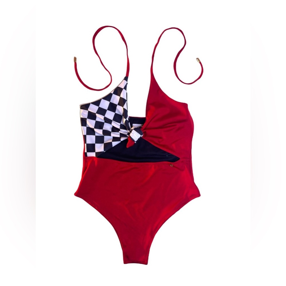 Red and Checkered One-Piece Swimsuit